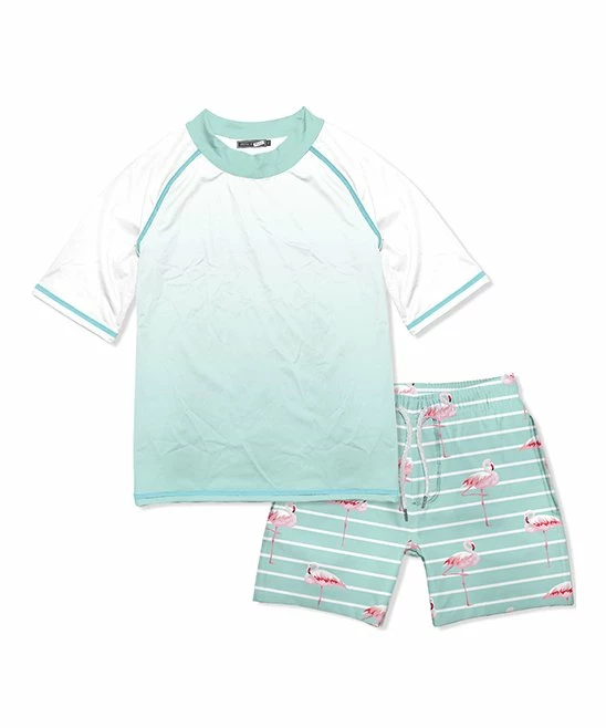 Brand new ๐ Millie & Maxx Mint & White Ombrรฉ Stripe Flamingo Short-Sleeve Rashguard Set - Boys For Kids ๐ 1 Brand new ๐ Millie & Maxx Mint & White Ombrรฉ Stripe Flamingo Short-Sleeve Rashguard Set - Boys For Kids ๐