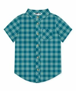 Flash Sale 🔔 Millie & Maxx Nile Blue & Teal Gingham Pocket Short-Sleeve Button-Up - Toddler & Boys For Kids ❤️