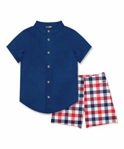 Cheap 🎉 Millie & Maxx Navy Short-Sleeve Button-Up & Red Americana Plaid Pocket Shorts - Toddler & Boys For Kids 👍
