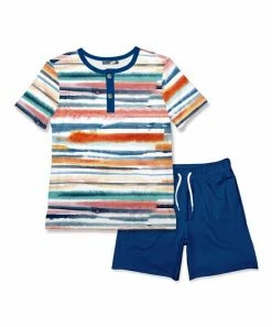 Promo ๐ Millie & Maxx White Riptide Stripe Henley & Navy Pocket Shorts - Toddler & Boys For Kids ๐ฅ