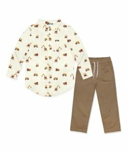 Best reviews of ❤️ Millie & Maxx Cream Roadwork Button-Up & Brown Drawstring Straight-Leg Pants - Toddler & Boys For Kids ✨