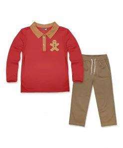 Hot Sale ๐ Millie & Maxx Red Gingerbread Long-Sleeve Polo & Tan Drawstring Pants - Toddler For Kids ๐