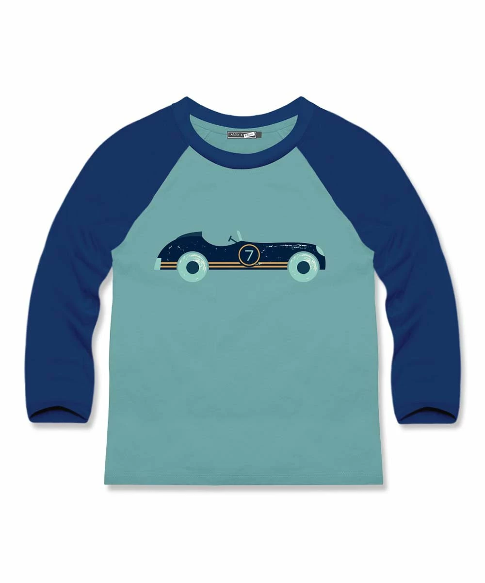 Best Sale ⭐ Millie & Maxx Nile Blue Race Car Long-Sleeve Raglan Top - Boys For Kids 😀