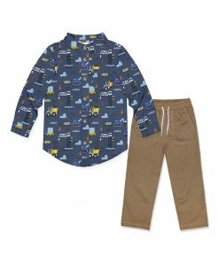 Cheap ⭐ Millie & Maxx Dusty Navy Truckload Button-Up & Brown Drawstring Straight-Leg Pants - Toddler & Boys For Kids ⭐