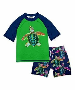 Budget ⌛ Millie & Maxx Green & Navy Sea Turtle Short-Sleeve Rashguard Set - Infant, Toddler & Boys For Kids 🥰