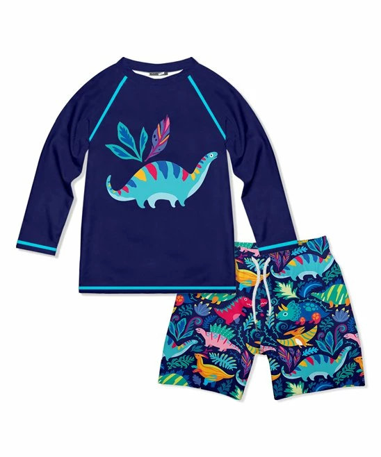 Outlet 😀 Millie & Maxx Navy & Turquoise Dino Dynamic Long-Sleeve Rashguard Set - Infant For Kids 😍 1 Outlet 😀 Millie & Maxx Navy & Turquoise Dino Dynamic Long-Sleeve Rashguard Set - Infant For Kids 😍
