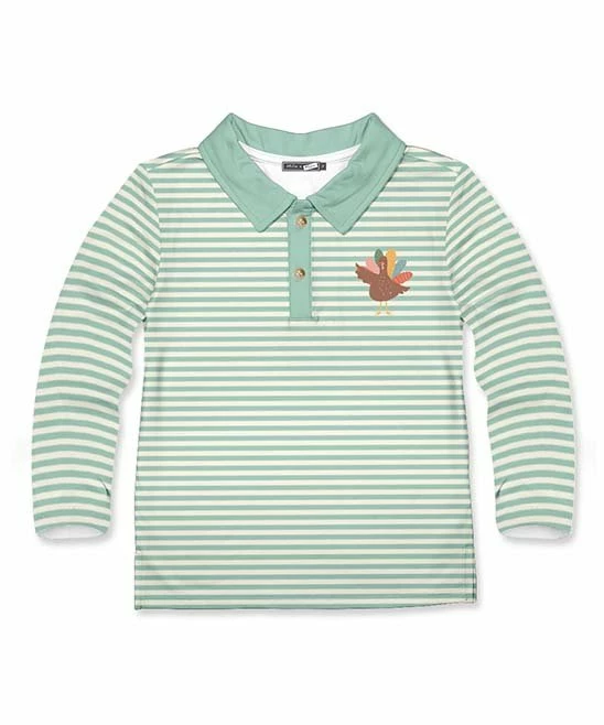Promo 😀 Millie & Maxx Light Green Stripe Turkey Garden Long-Sleeve Polo - Toddler & Boys For Kids 🎉