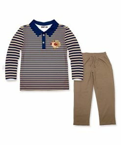 Outlet ✨ Millie & Maxx Navy Stripe Turkey Long-Sleeve Polo & Khaki Pants - Toddler & Boys For Kids 👍