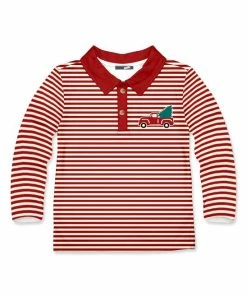 New โค๏ธ Millie & Maxx Red & Ivory Stripe & ๐ Christmas Tree Truck Long-Sleeve Polo - Toddler & Boys For Kids ๐ฅ