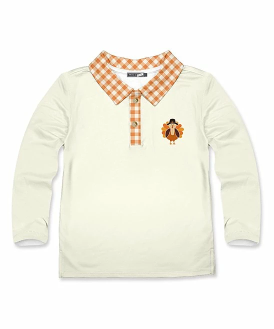 Promo ๐ Millie & Maxx Cream & Orange Gingham Turkey Long-Sleeve Polo - Toddler For Kids ๐